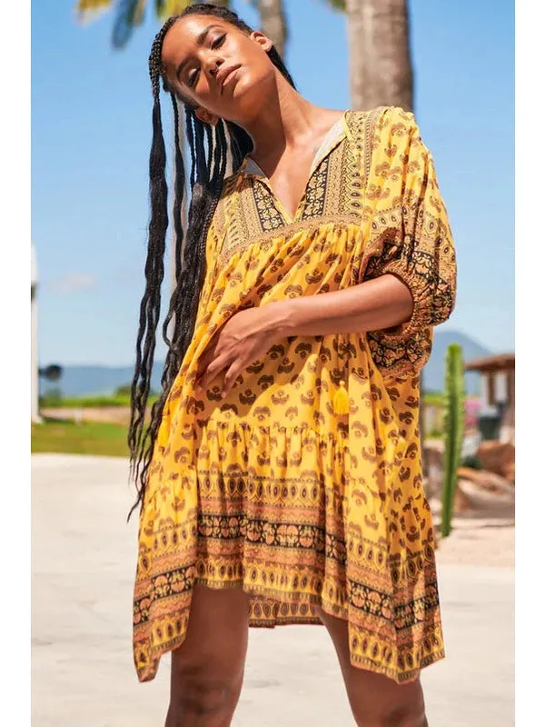 JAASE Sun Beam Print Alice Mini Dress - Mustard Yellow