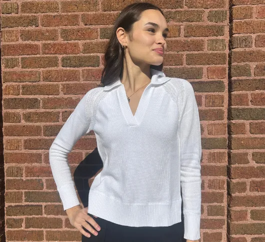 Kinross Cashmere - Split Neck Polo Sweater in White