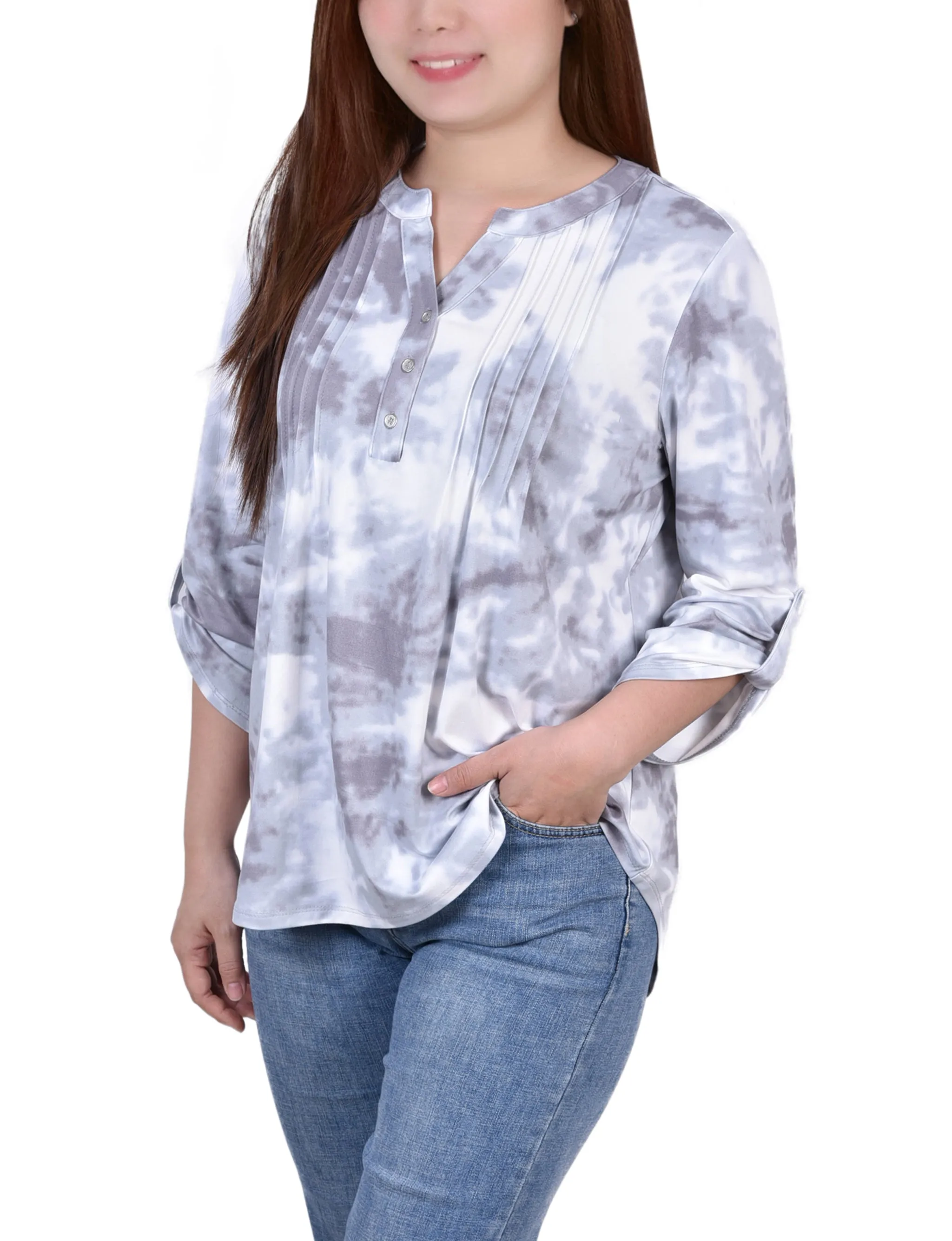 Knit Jacquard 3/4 Sleeve Roll Tab Top