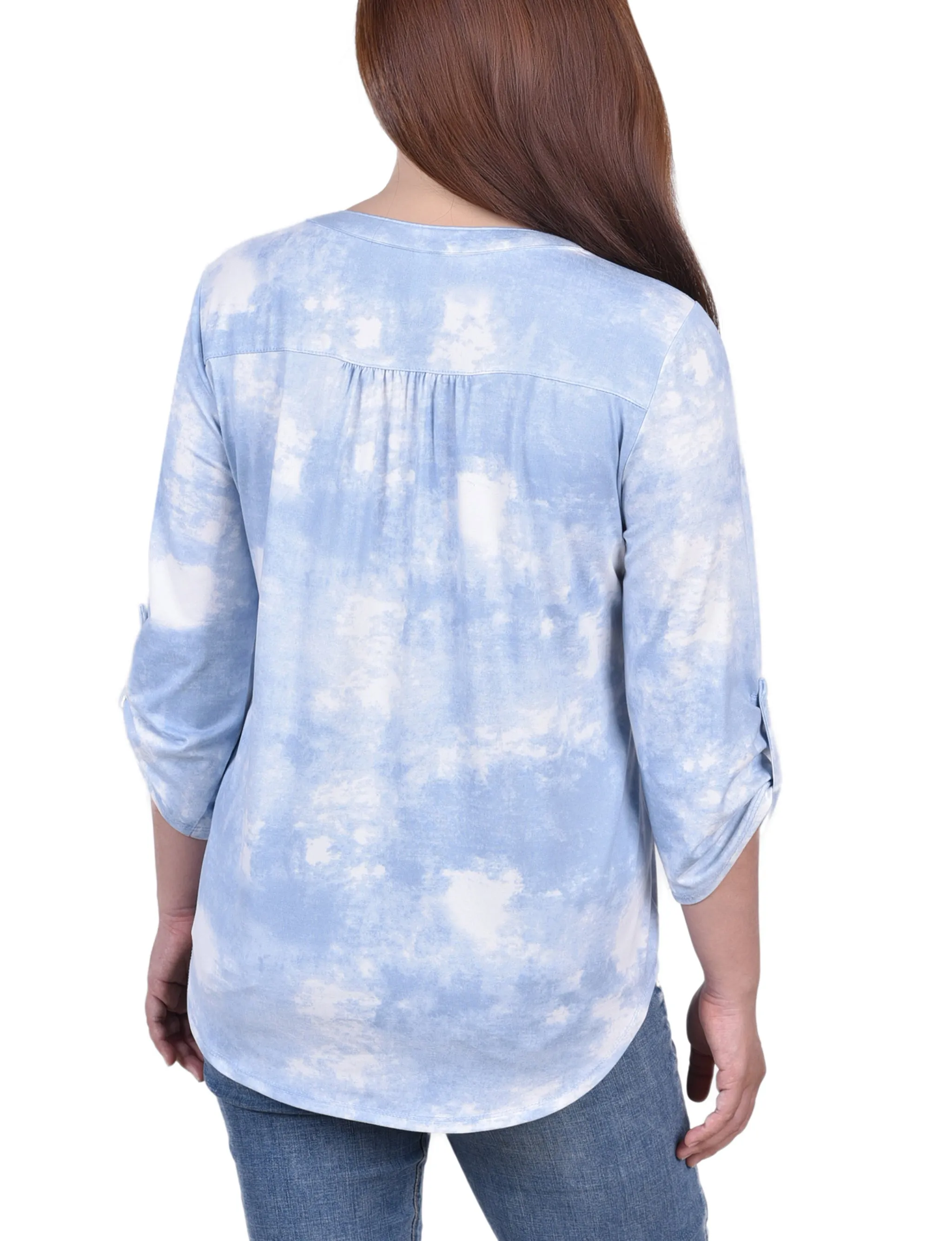 Knit Jacquard 3/4 Sleeve Roll Tab Top