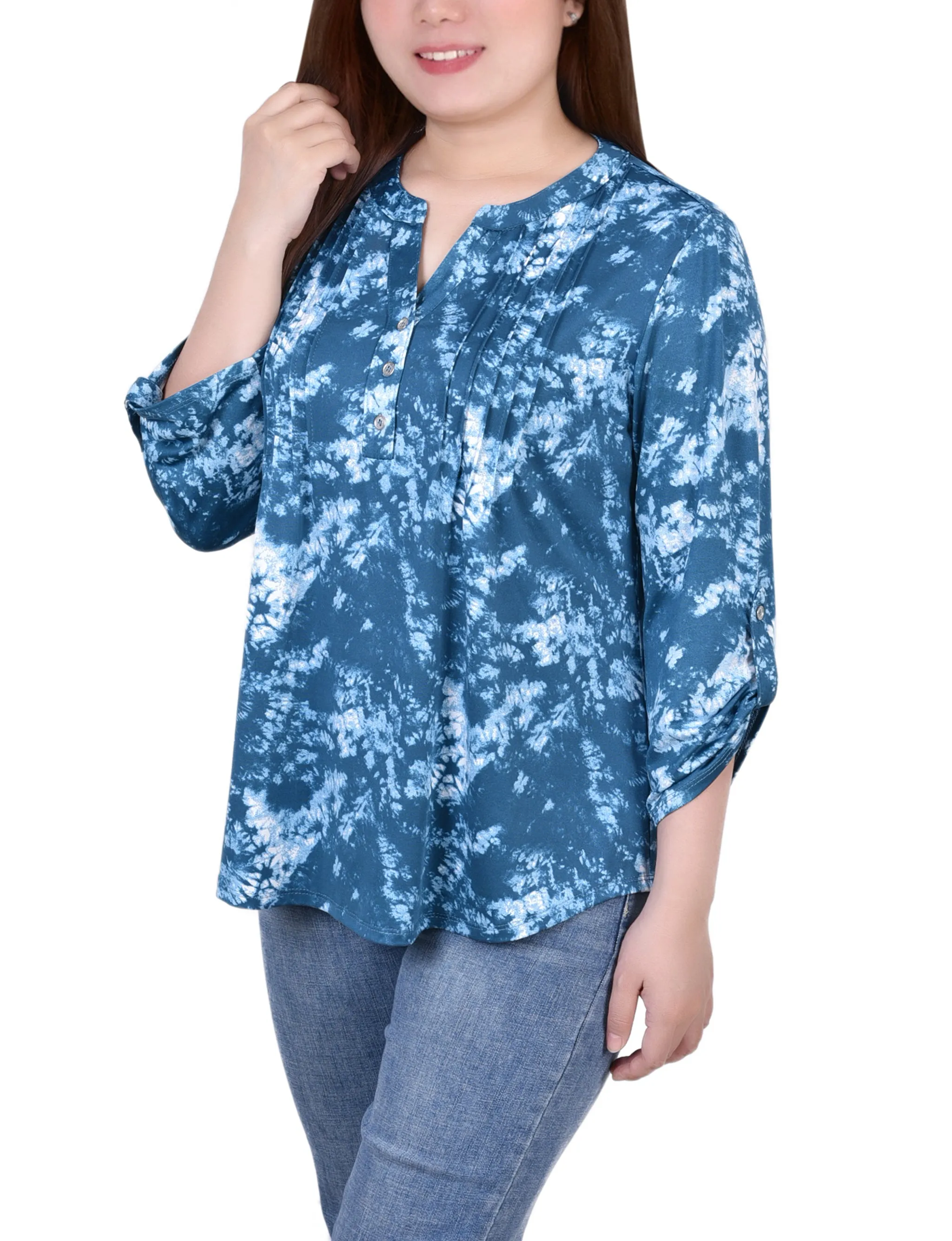 Knit Jacquard 3/4 Sleeve Roll Tab Top