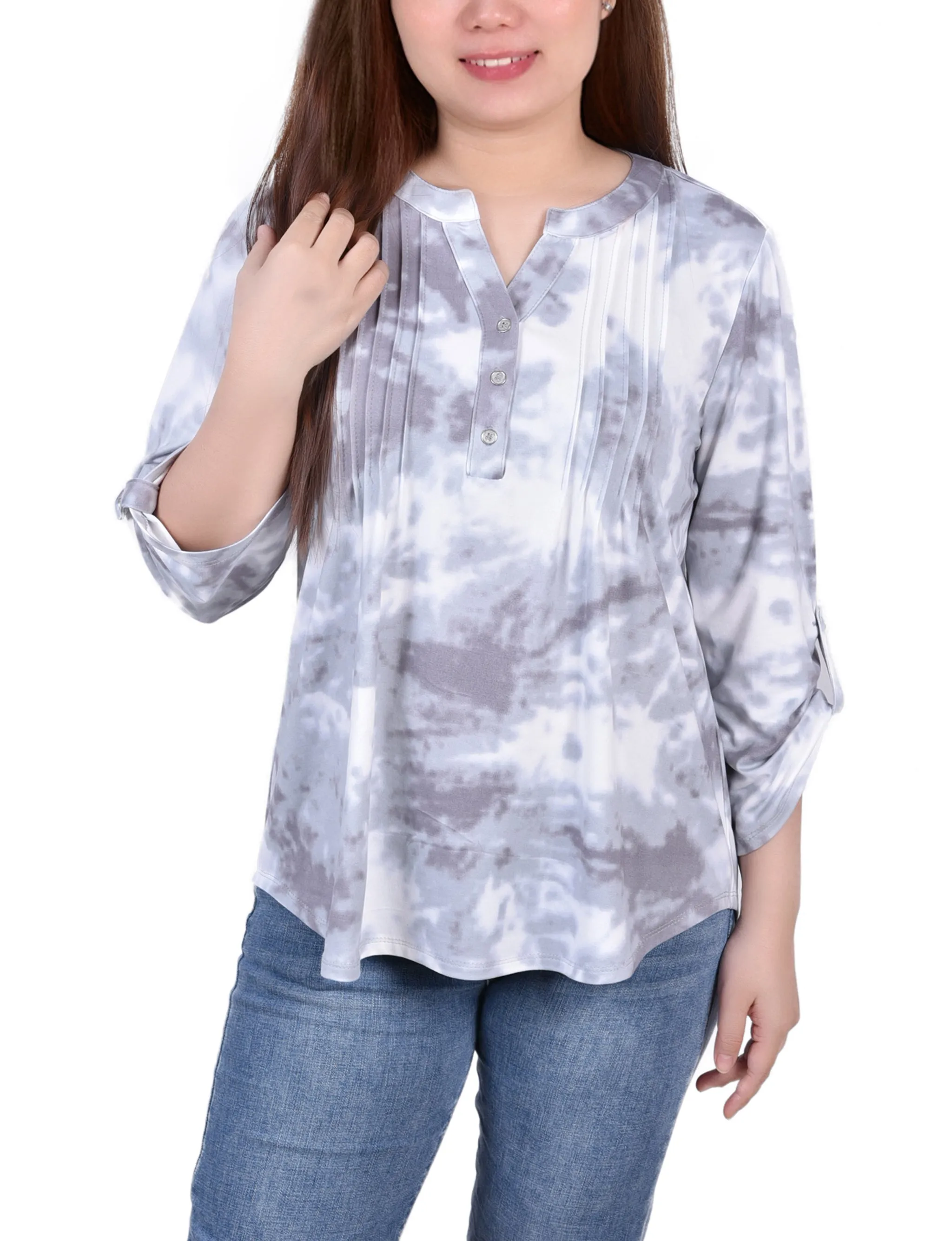 Knit Jacquard 3/4 Sleeve Roll Tab Top