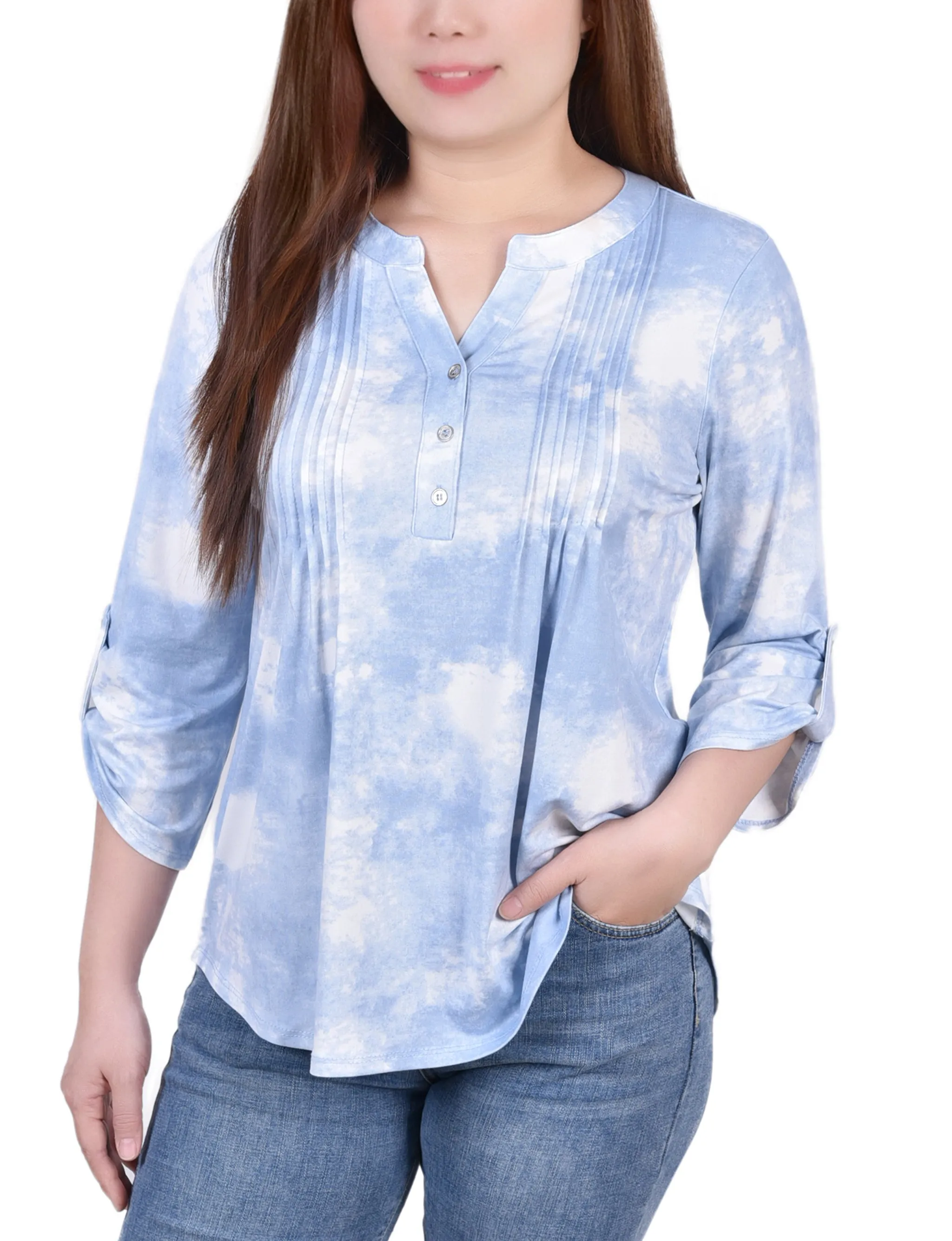 Knit Jacquard 3/4 Sleeve Roll Tab Top