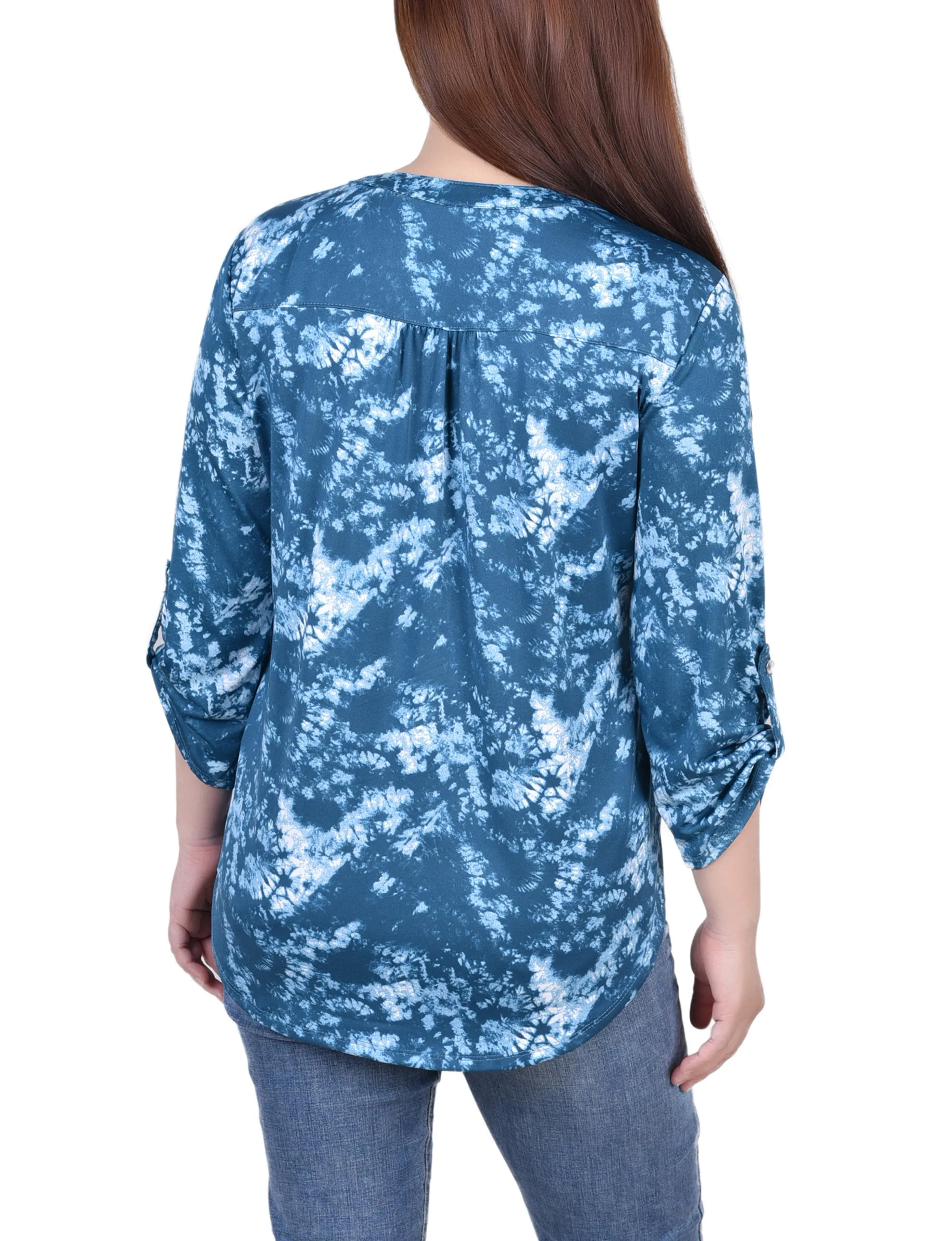 Knit Jacquard 3/4 Sleeve Roll Tab Top