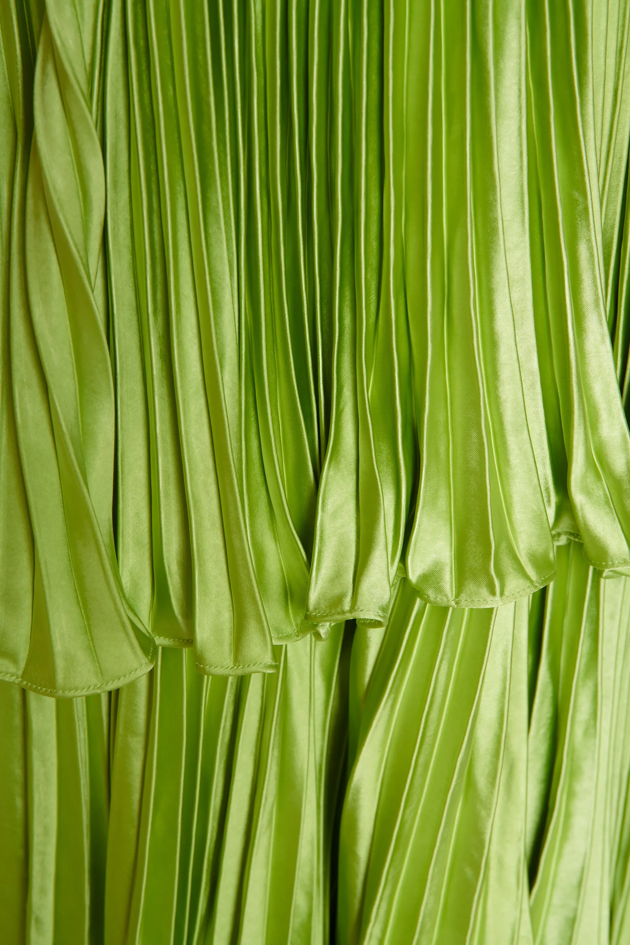 Lime Green Satin Pleated Tiered Midaxi Dress