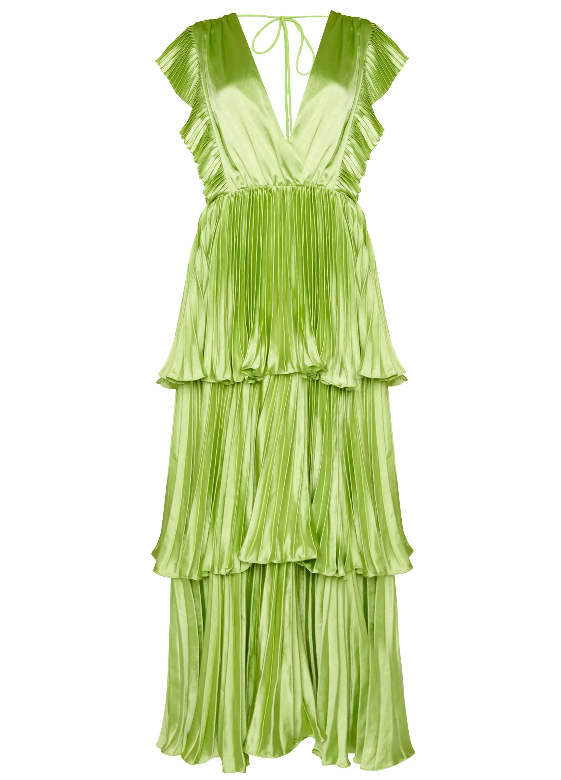 Lime Green Satin Pleated Tiered Midaxi Dress