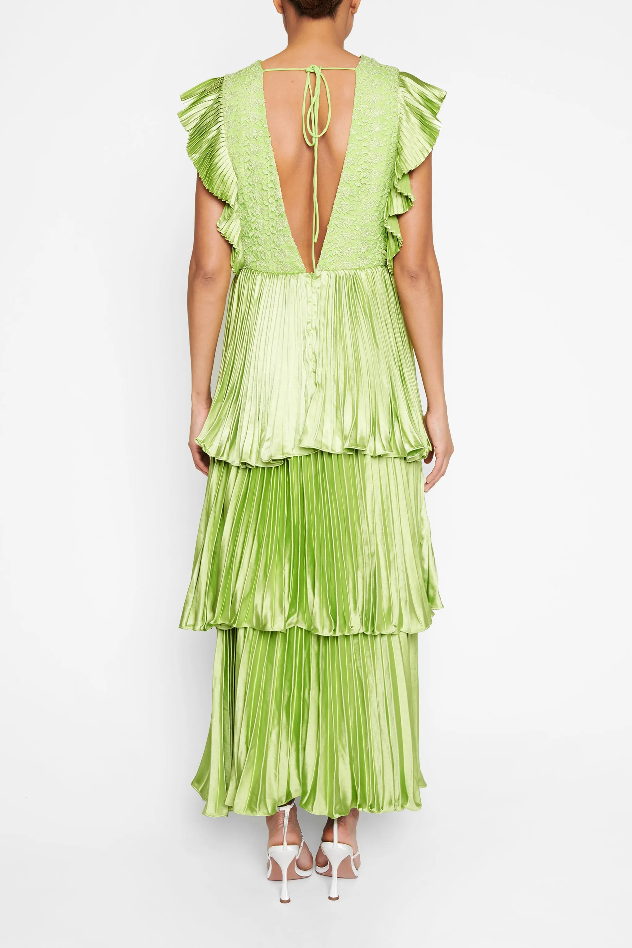 Lime Green Satin Pleated Tiered Midaxi Dress