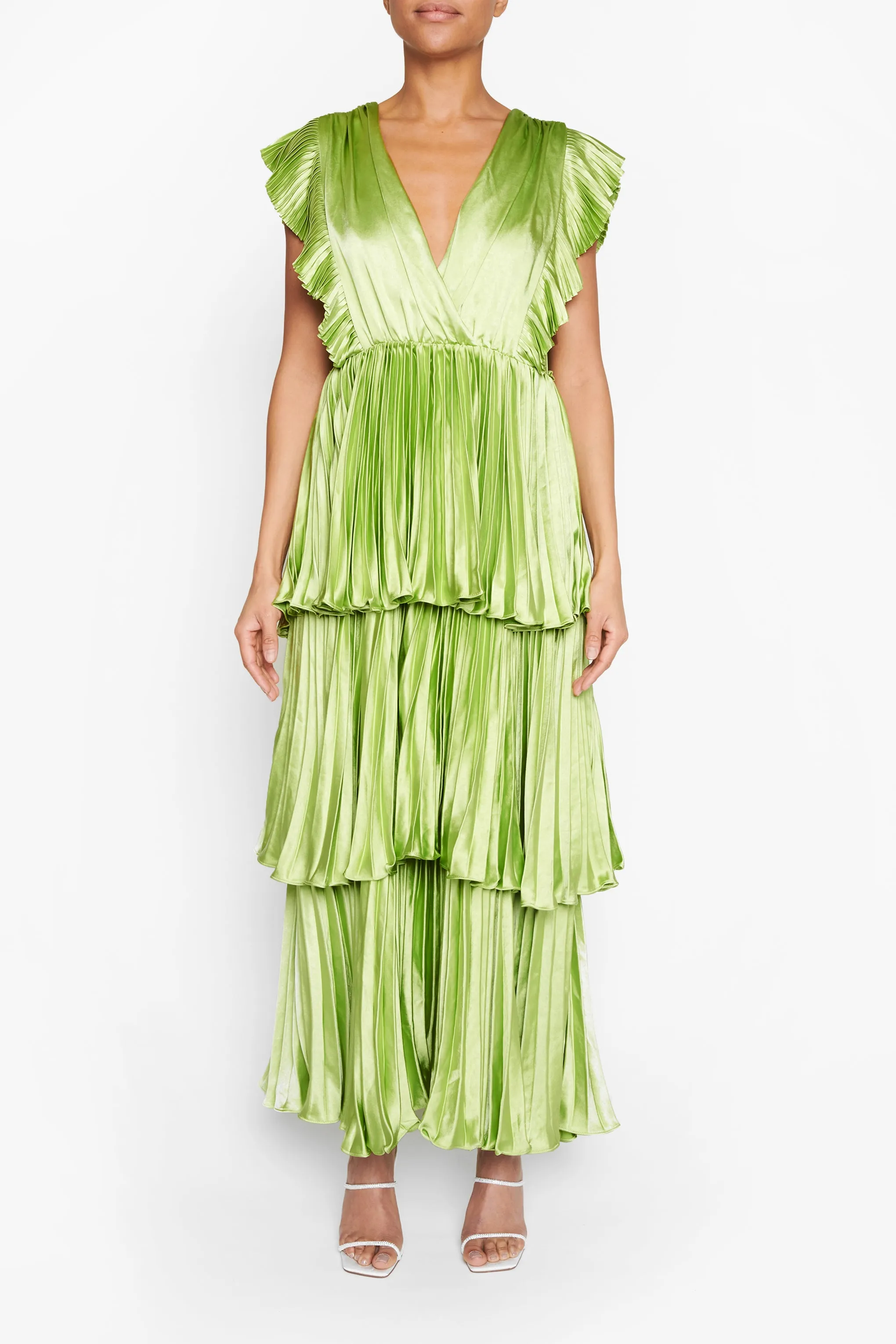 Lime Green Satin Pleated Tiered Midaxi Dress