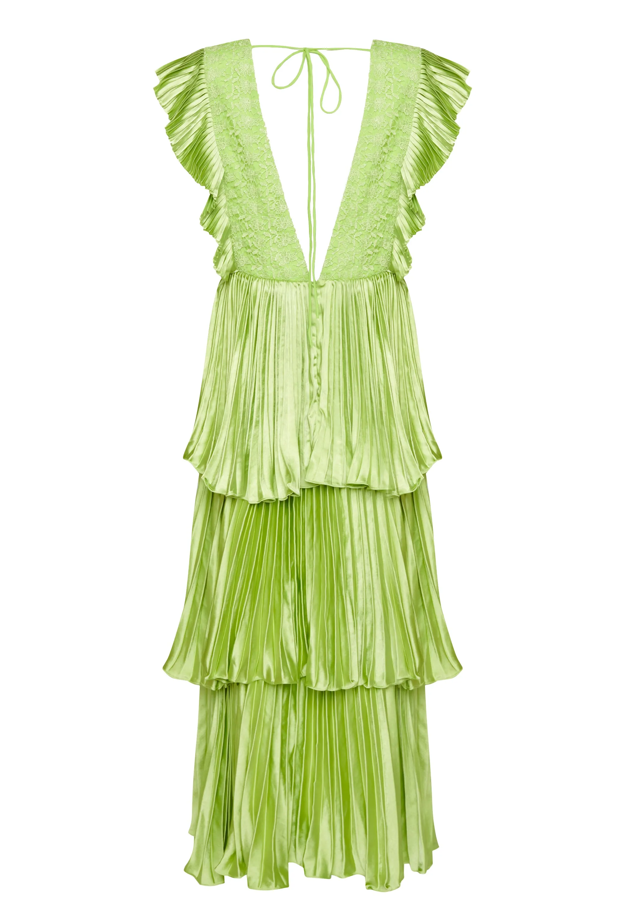 Lime Green Satin Pleated Tiered Midaxi Dress
