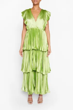 Lime Green Satin Pleated Tiered Midaxi Dress