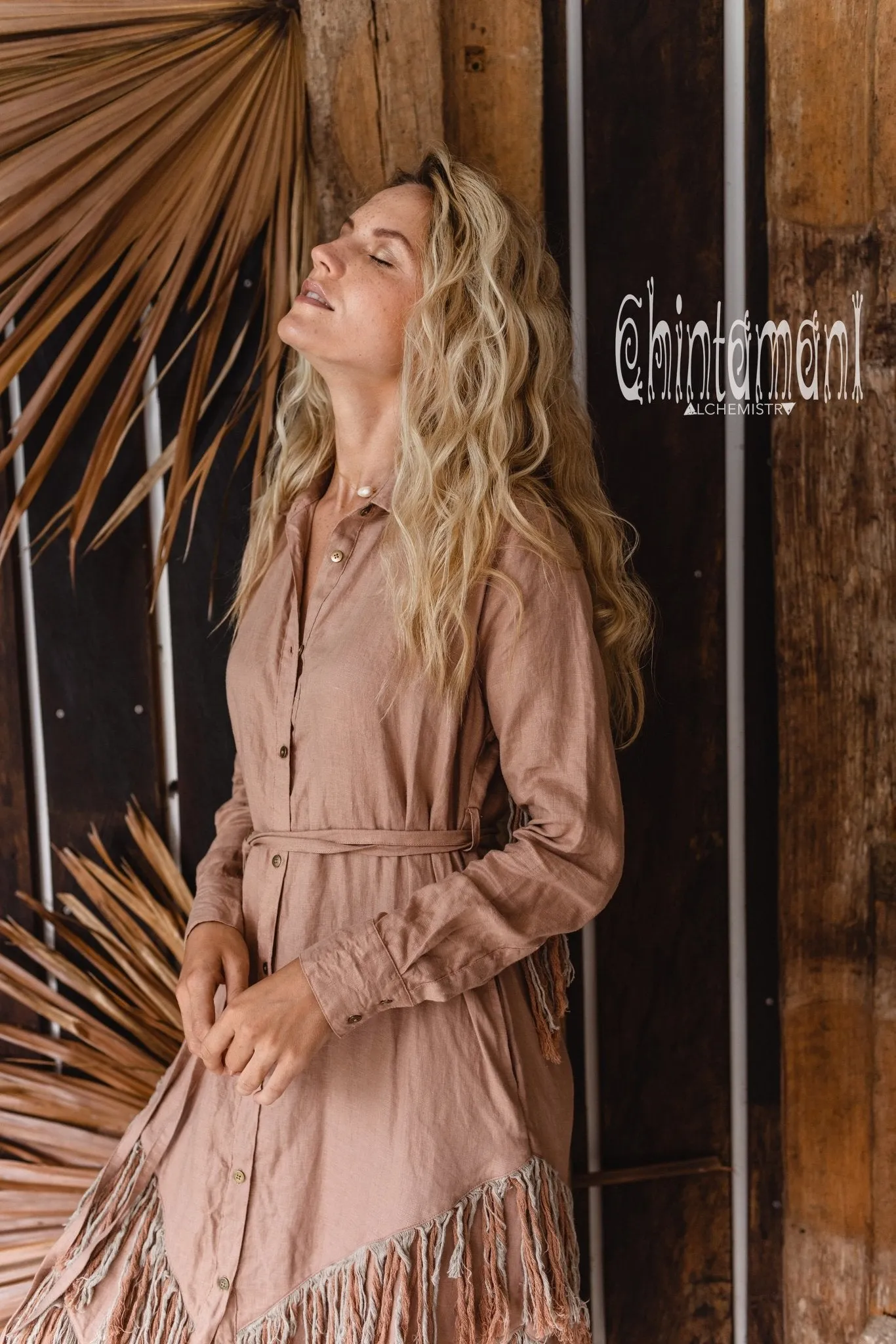 Linen Fringe Boho Shirt Dress for Women / Dusty Pink
