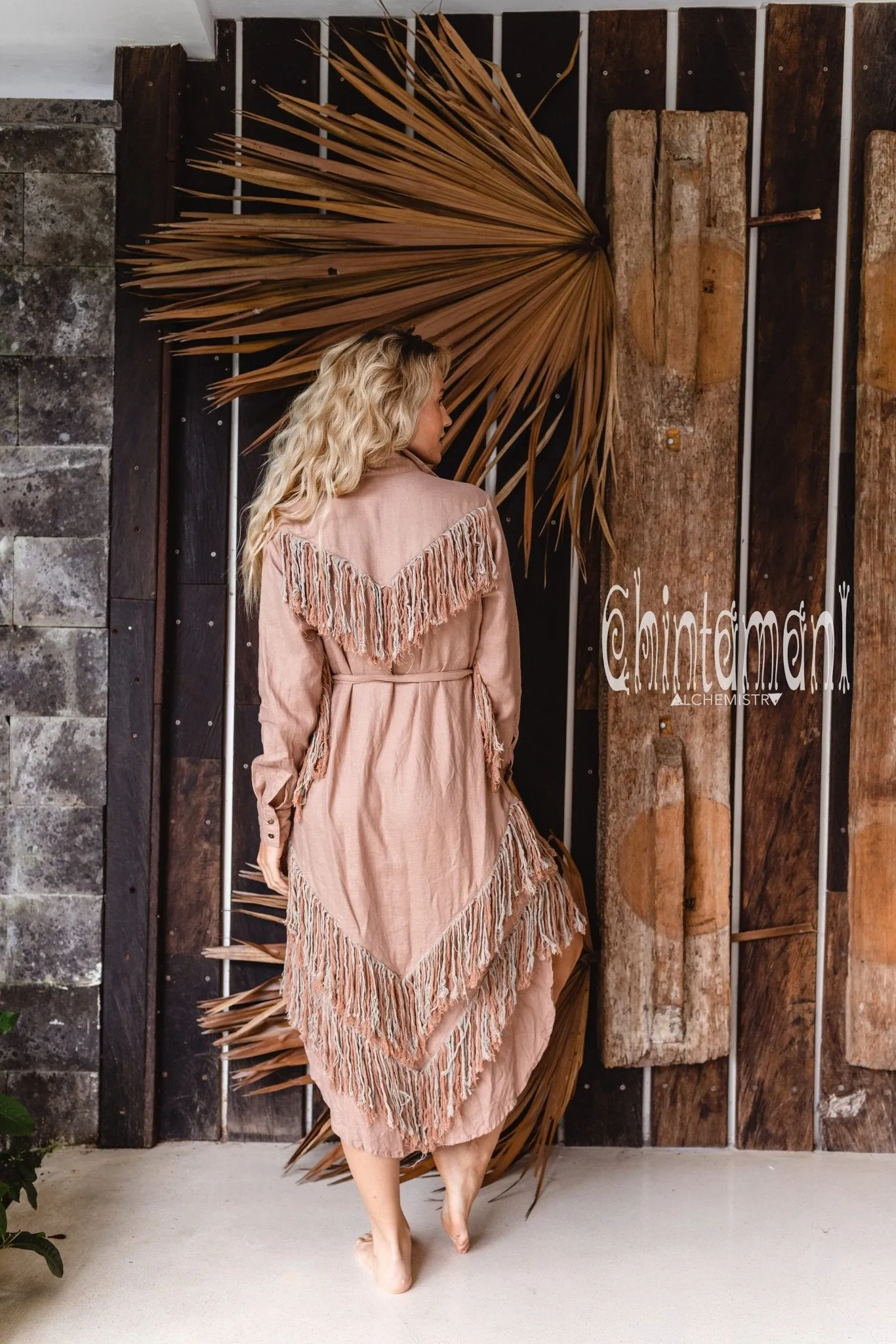 Linen Fringe Boho Shirt Dress for Women / Dusty Pink