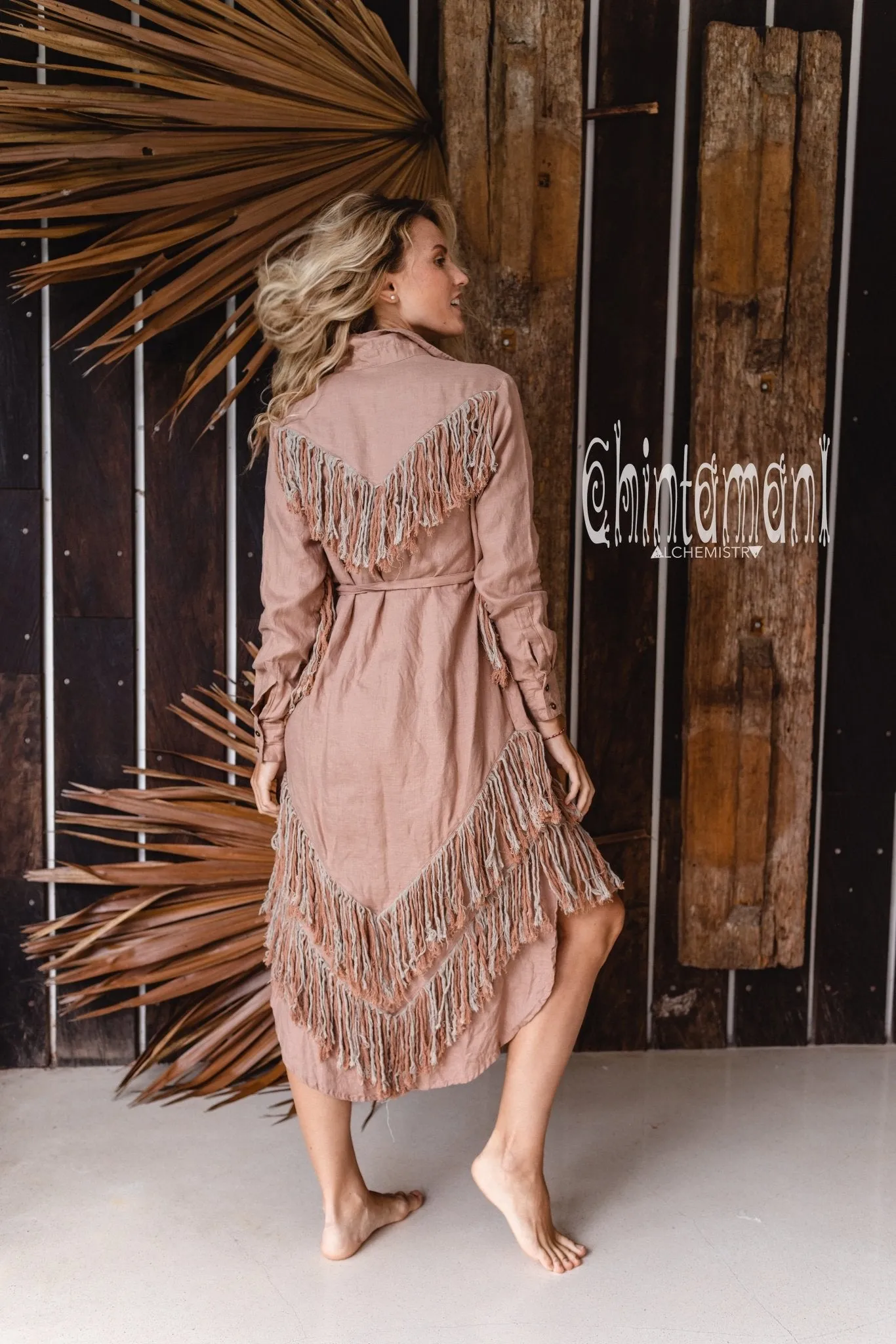 Linen Fringe Boho Shirt Dress for Women / Dusty Pink