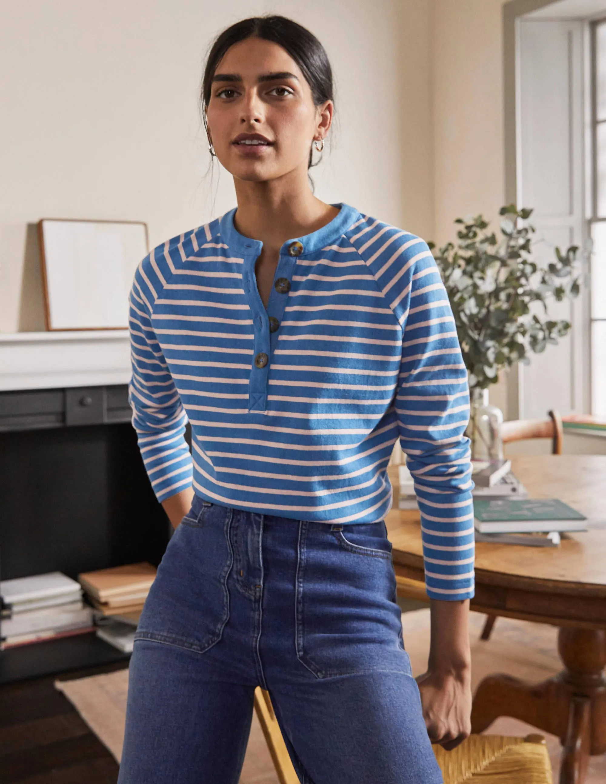 Mariner Henley Top-Blue Ribbon/Milkshake