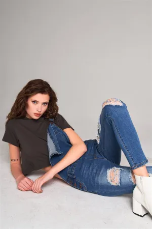 Mid-Blue Wash Ripped Sleeveless Square Neck Front Pocket Skinny Denim Overall /1-1-2-2-1-1