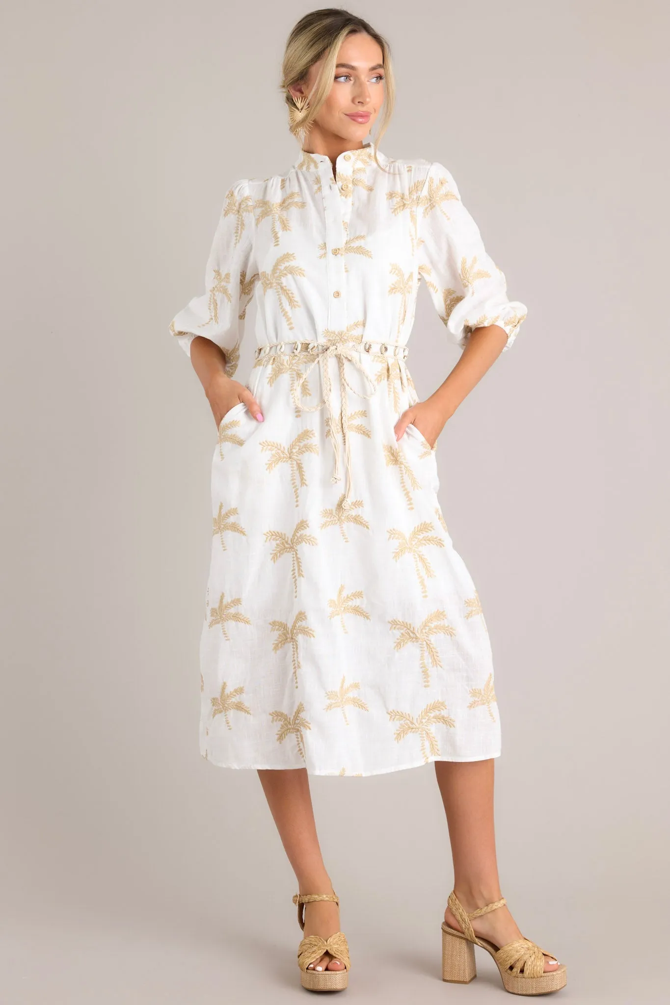Palm Paradise Ivory Embroidered Midi Dress