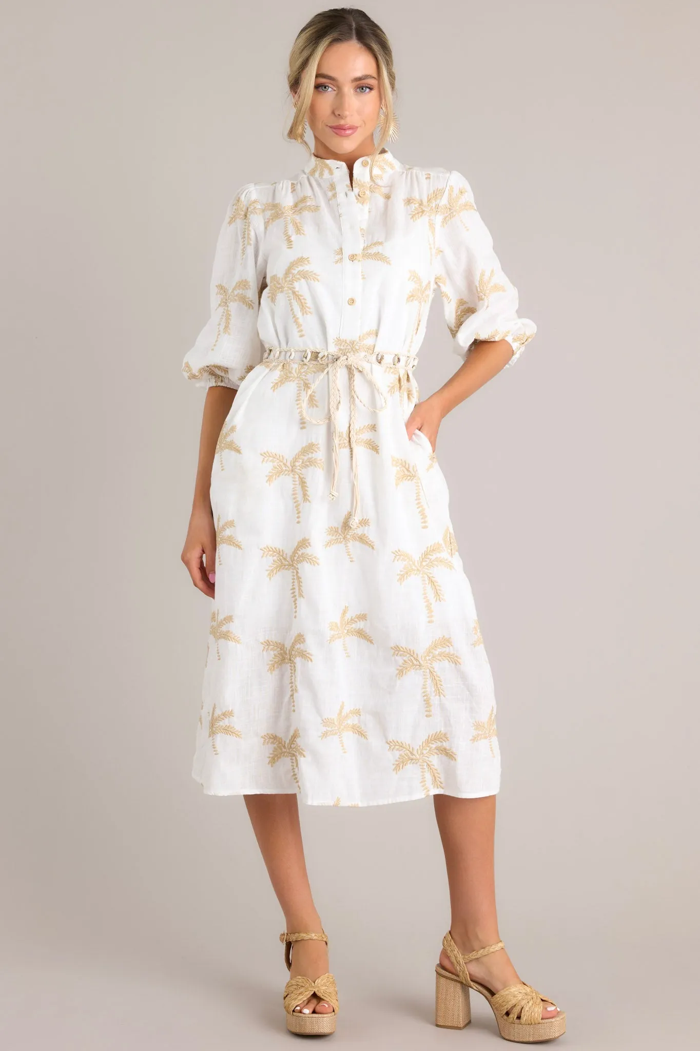 Palm Paradise Ivory Embroidered Midi Dress