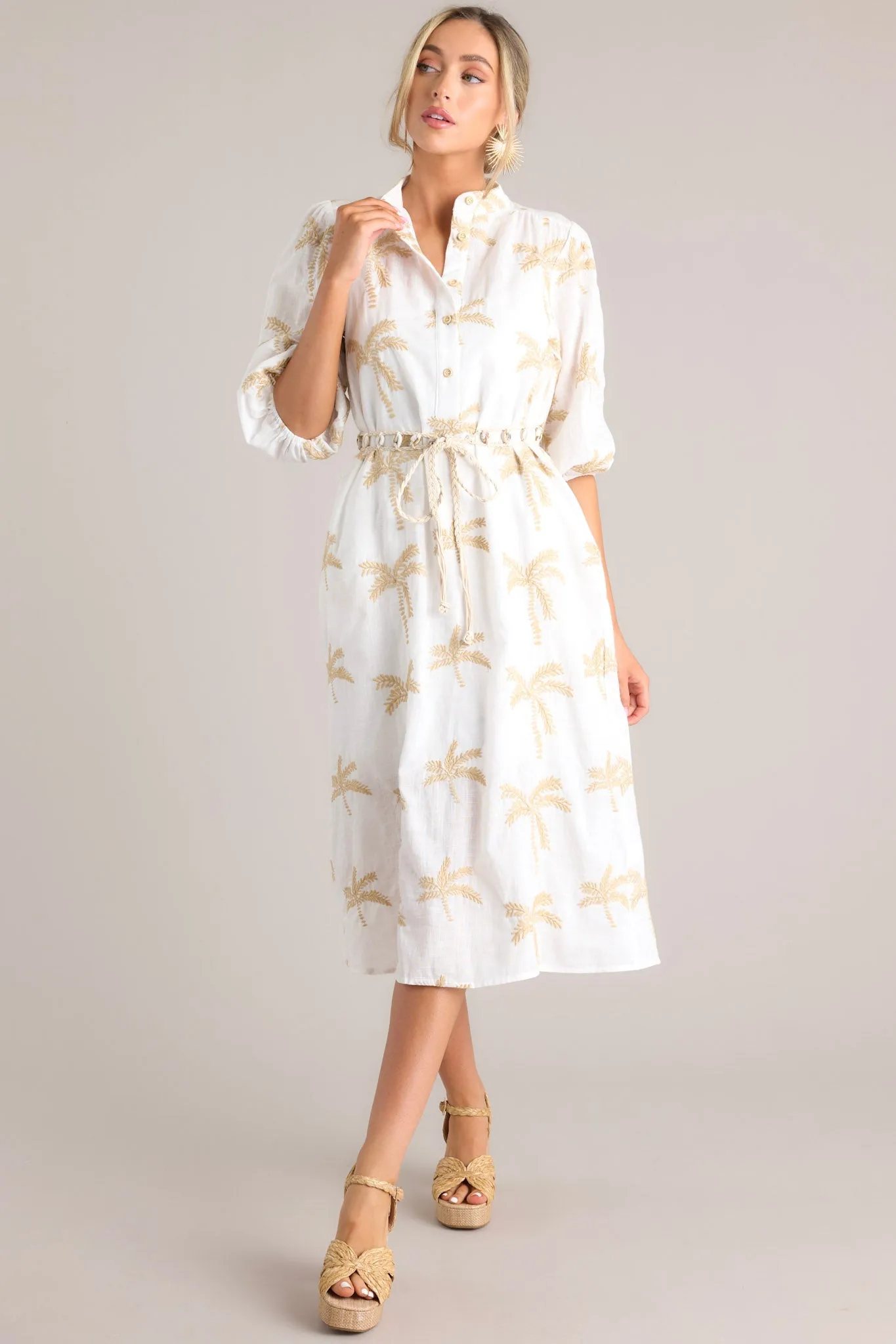 Palm Paradise Ivory Embroidered Midi Dress
