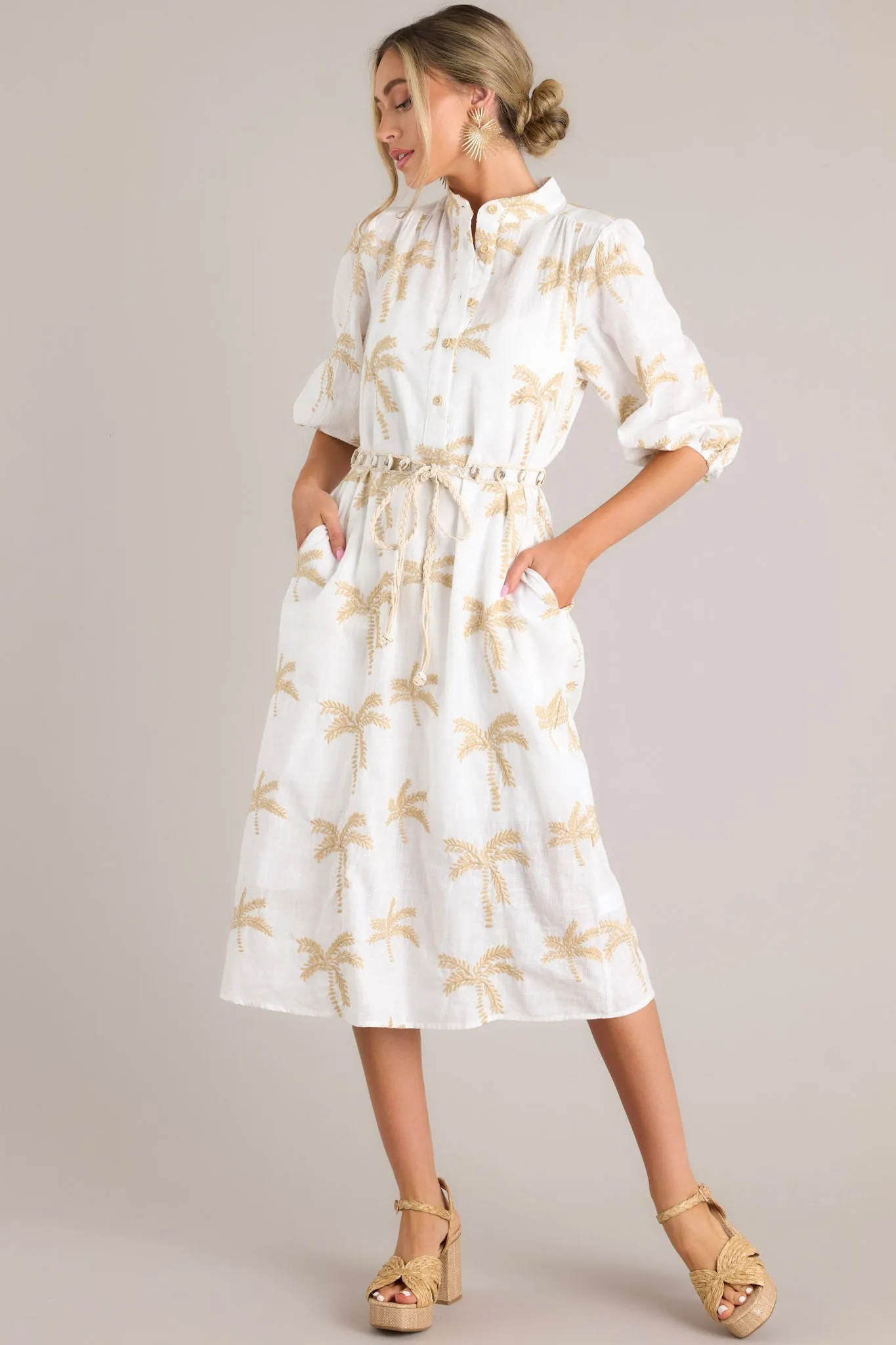 Palm Paradise Ivory Embroidered Midi Dress