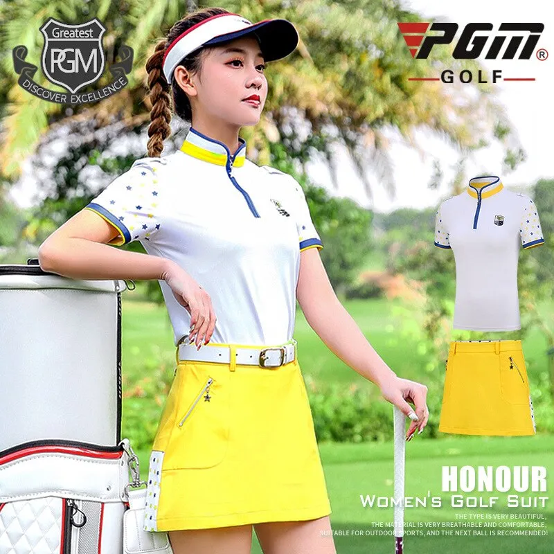 PGM Golf Skirt Sets Women Short Sleeve shirt Slim Pleated Skirt.