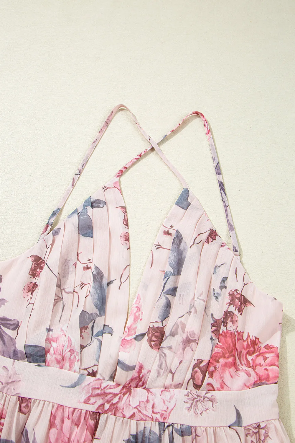 Pink Floral Pleated Bust Deep V Empire Waist Backless Maxi Dress