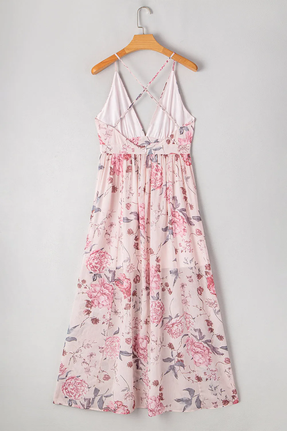 Pink Floral Pleated Bust Deep V Empire Waist Backless Maxi Dress