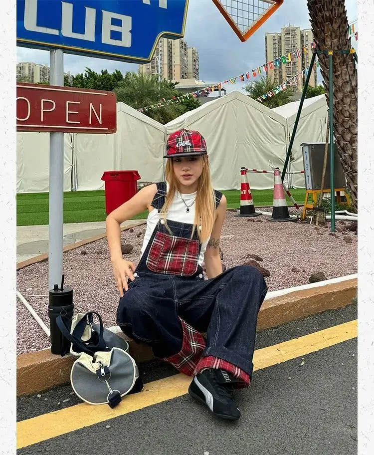 Plaid Patched Denim Overall