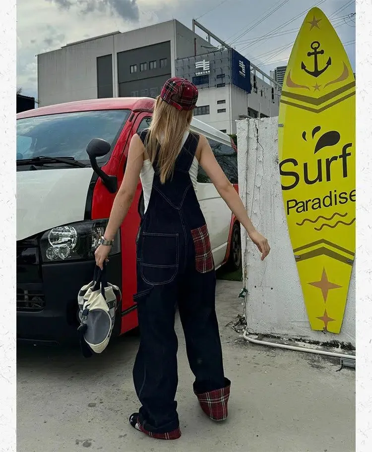 Plaid Patched Denim Overall