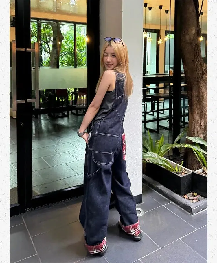 Plaid Patched Denim Overall