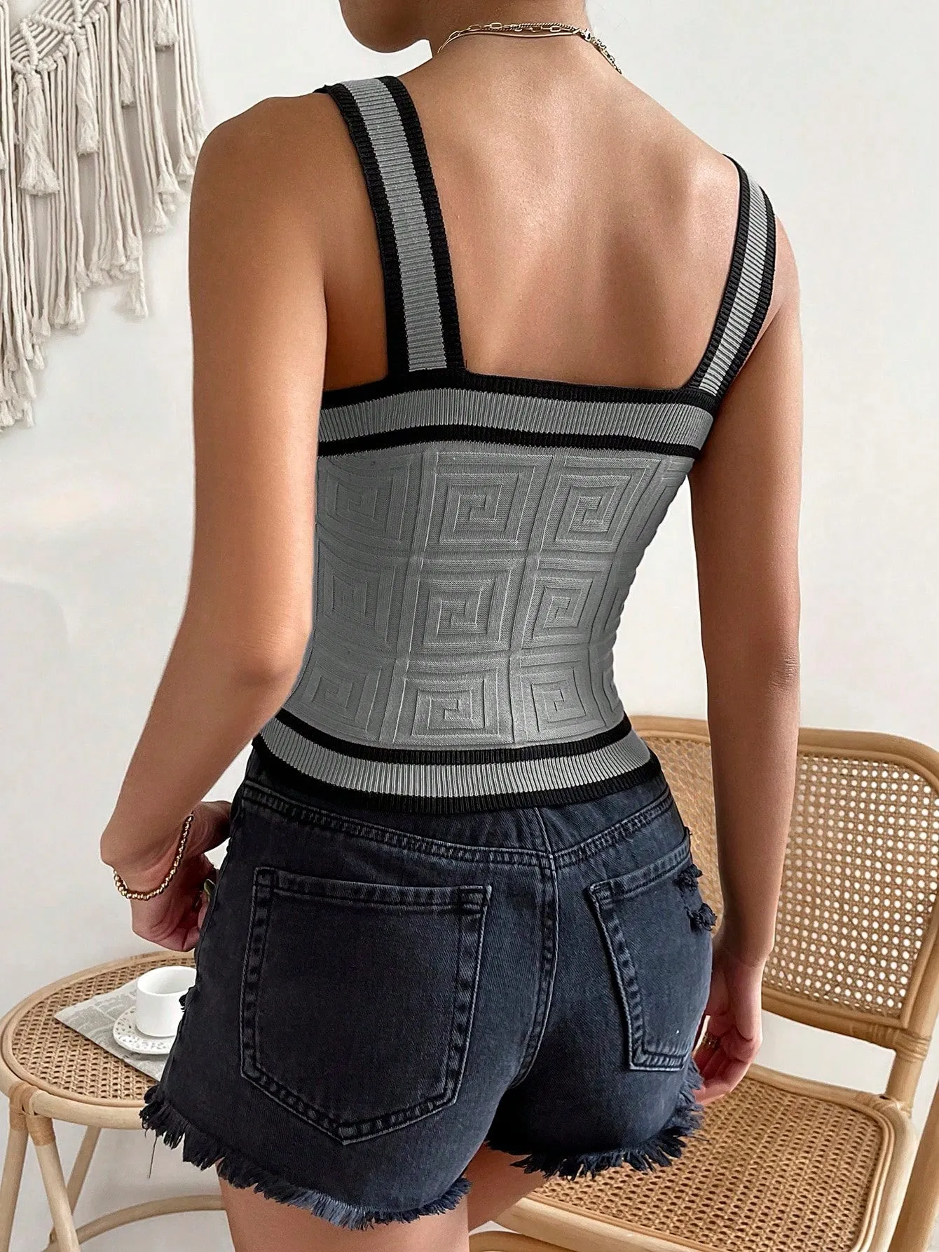 Privé Striped Trim Button Front Crop Knit Top