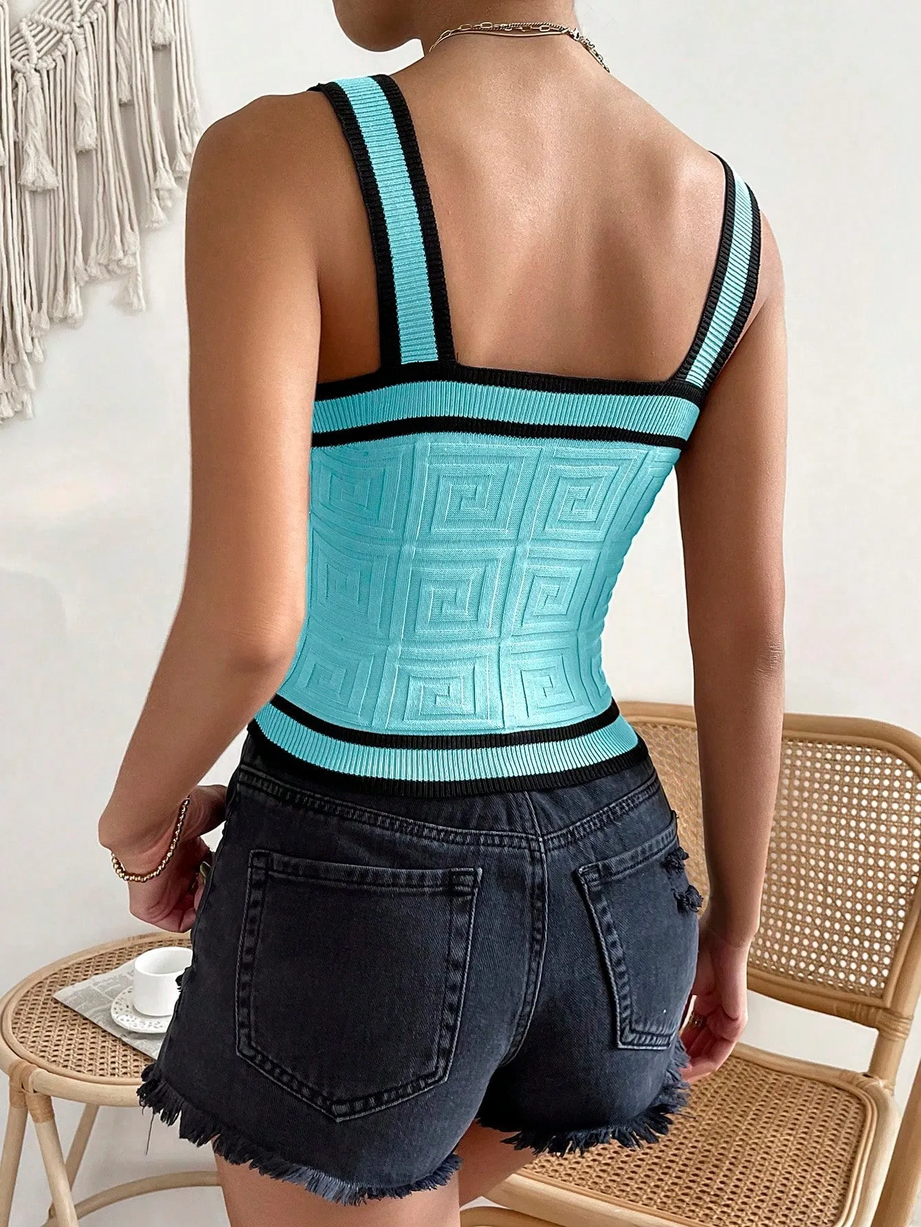 Privé Striped Trim Button Front Crop Knit Top
