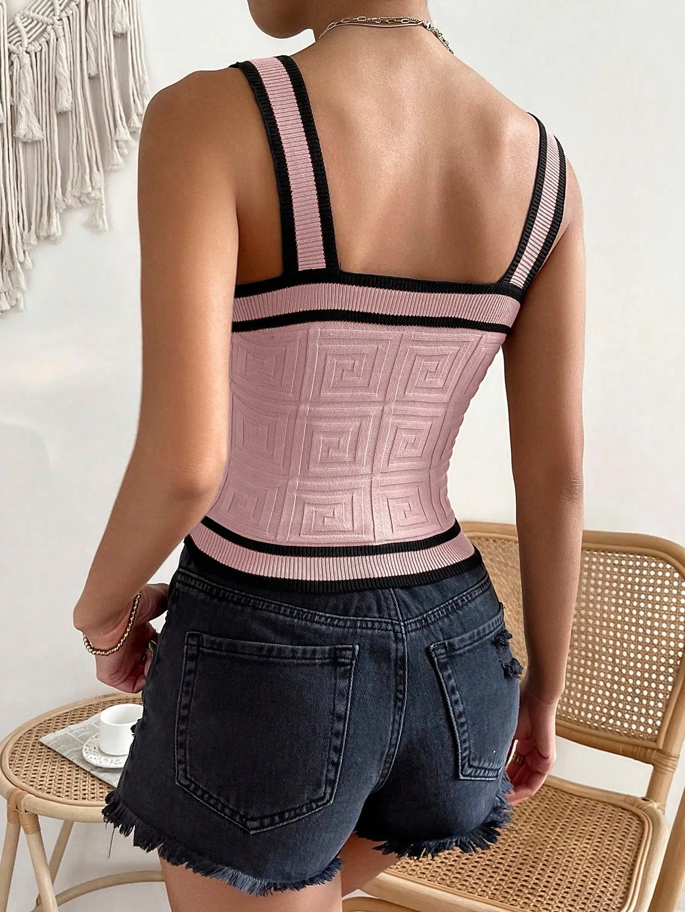 Privé Striped Trim Button Front Crop Knit Top