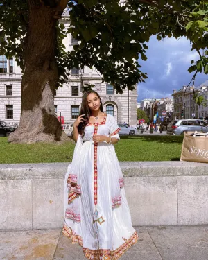 Red Handmade Embroidery Classic Habesha Dress: for Special Gatherings Ethiopian Traditional Dress