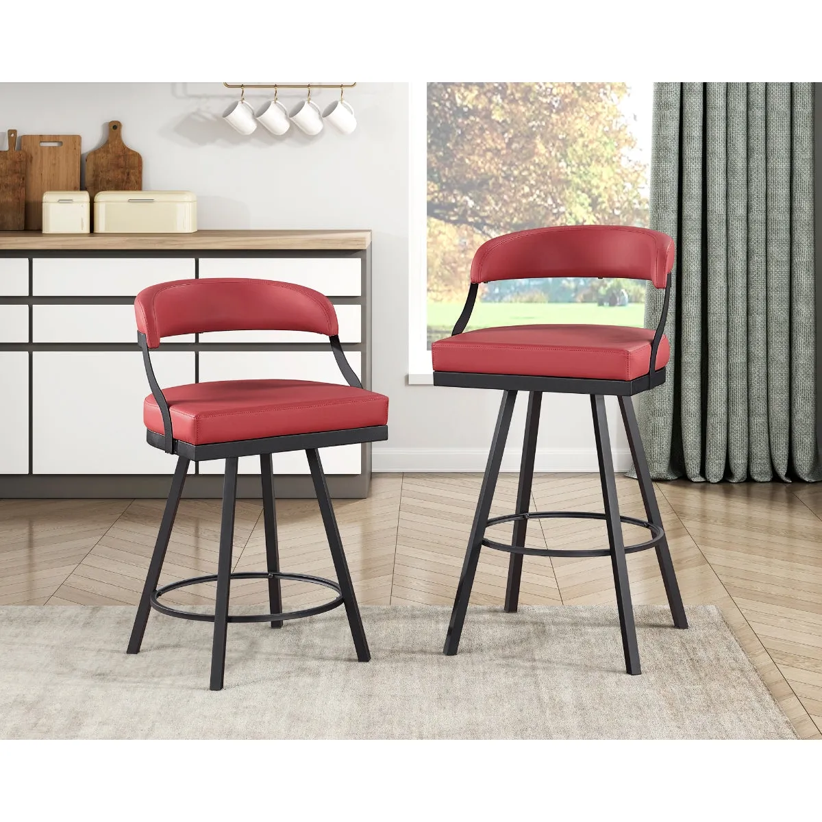 Red Swivel Counter Height Chair - Faux Leather - Set of 2