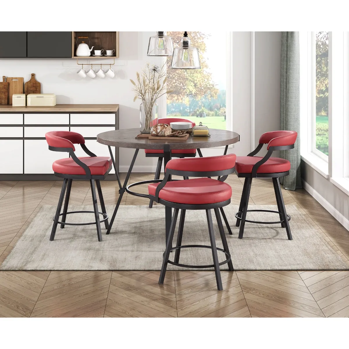 Red Swivel Counter Height Chair - Faux Leather - Set of 2