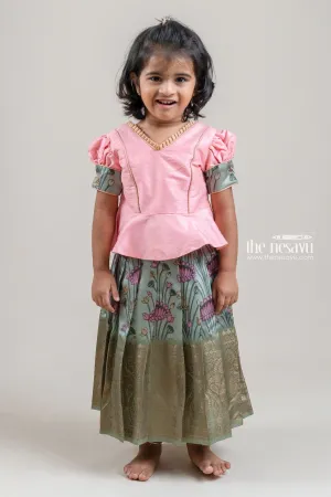 Salmon Pink Silk Blouse N Green Floral Printed Pattu Pavadai for Girls