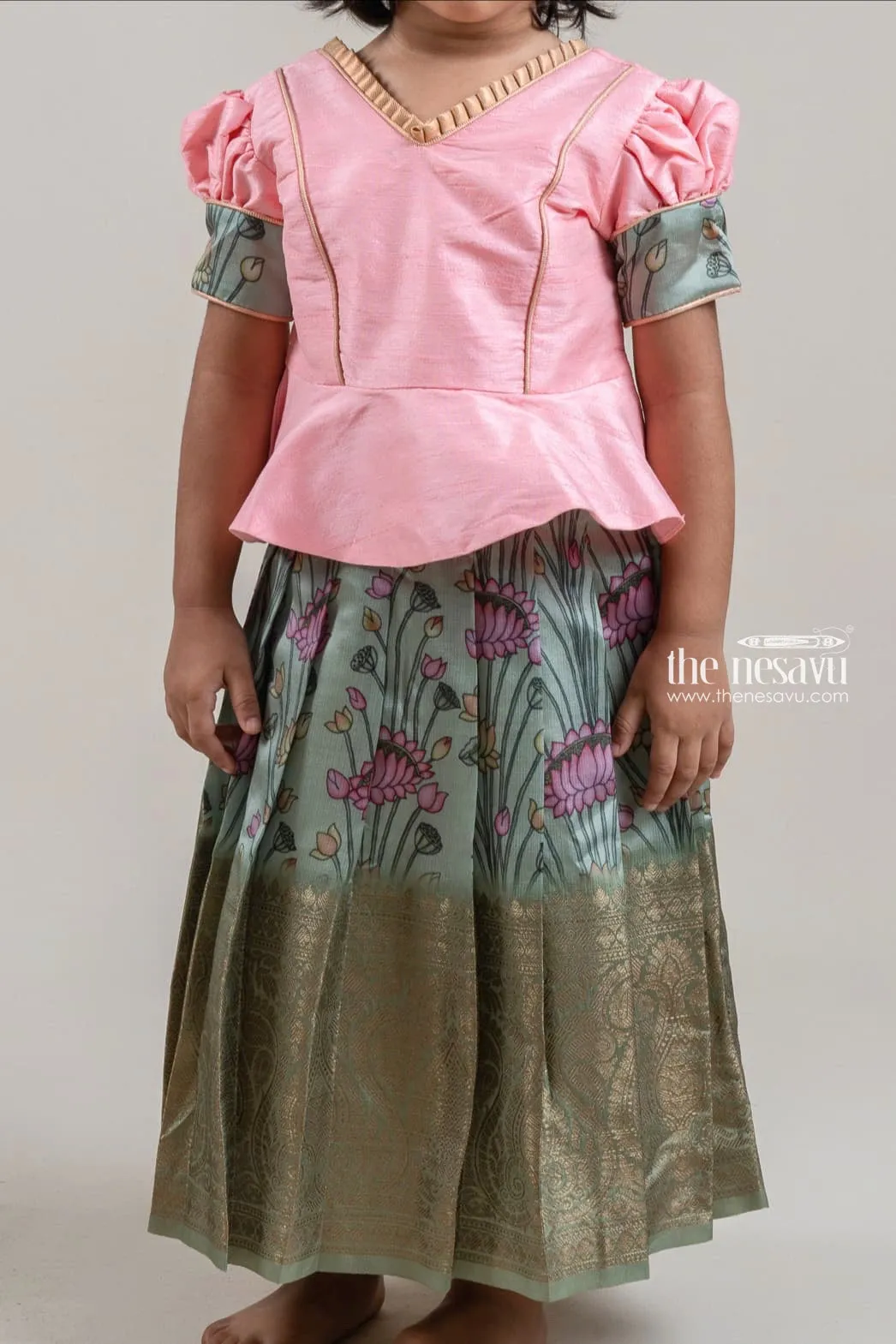 Salmon Pink Silk Blouse N Green Floral Printed Pattu Pavadai for Girls