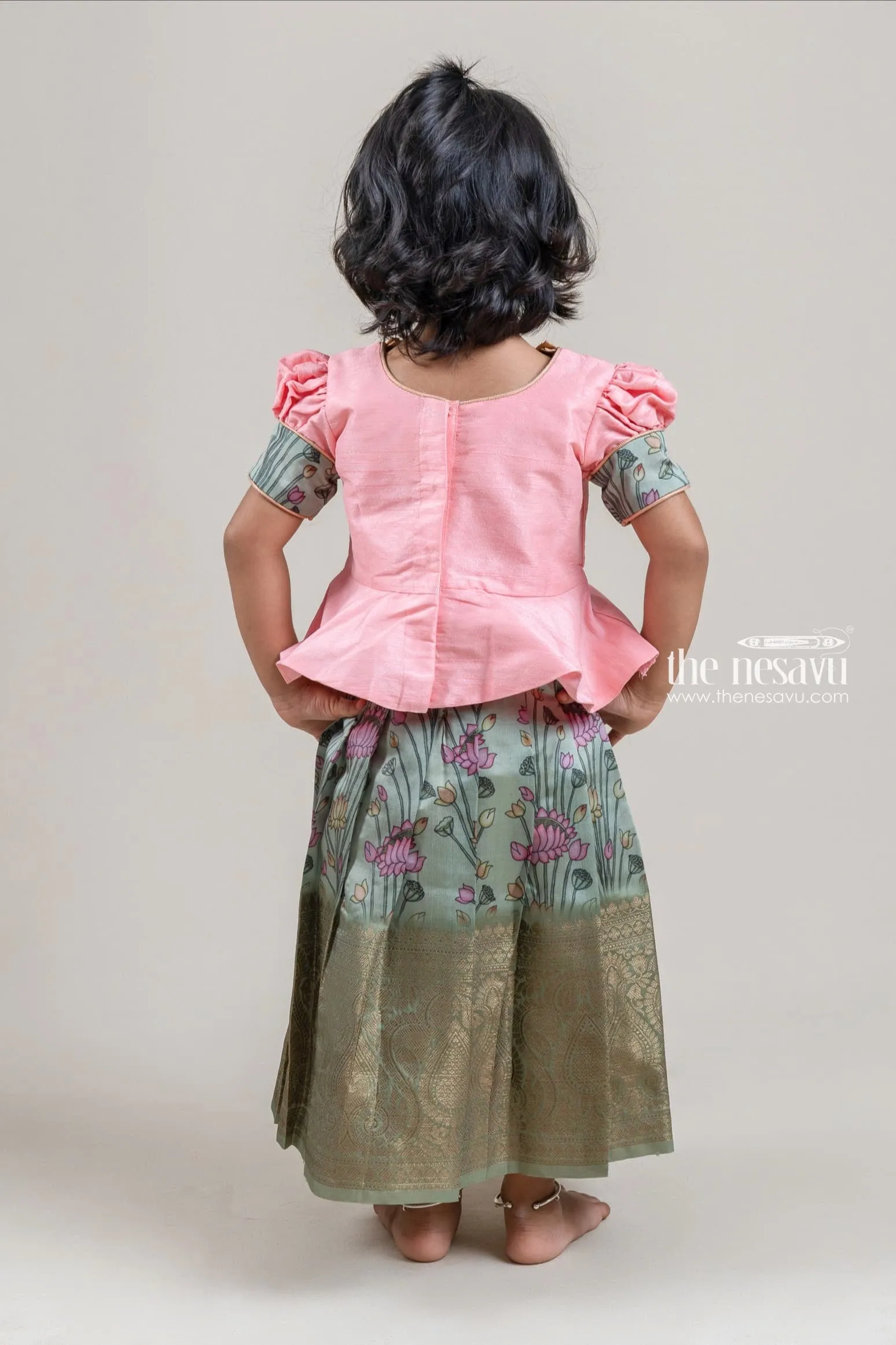 Salmon Pink Silk Blouse N Green Floral Printed Pattu Pavadai for Girls