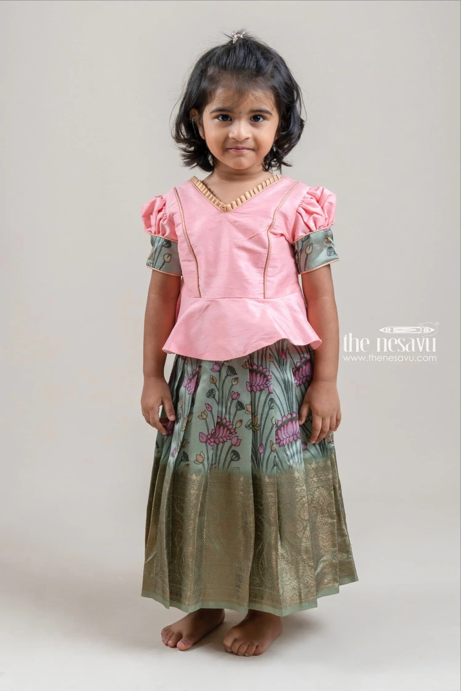 Salmon Pink Silk Blouse N Green Floral Printed Pattu Pavadai for Girls