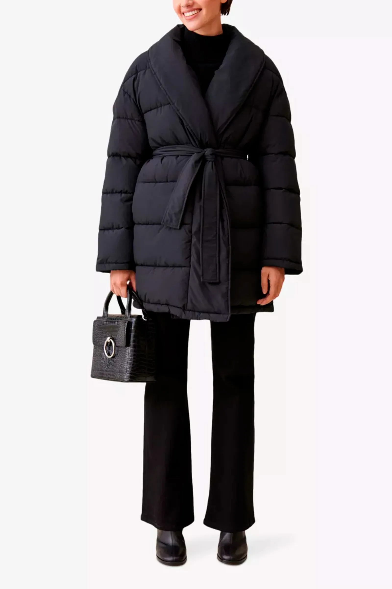 Shawl-collar belted-waist quilted shell puffer