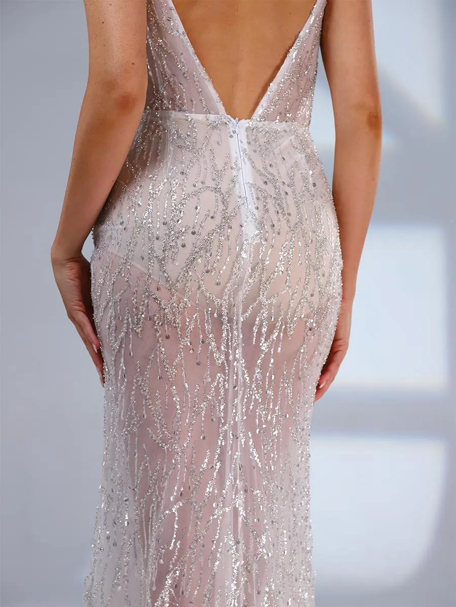Sheer Wedding Dress V Neck Mermaid Sparkly Slip