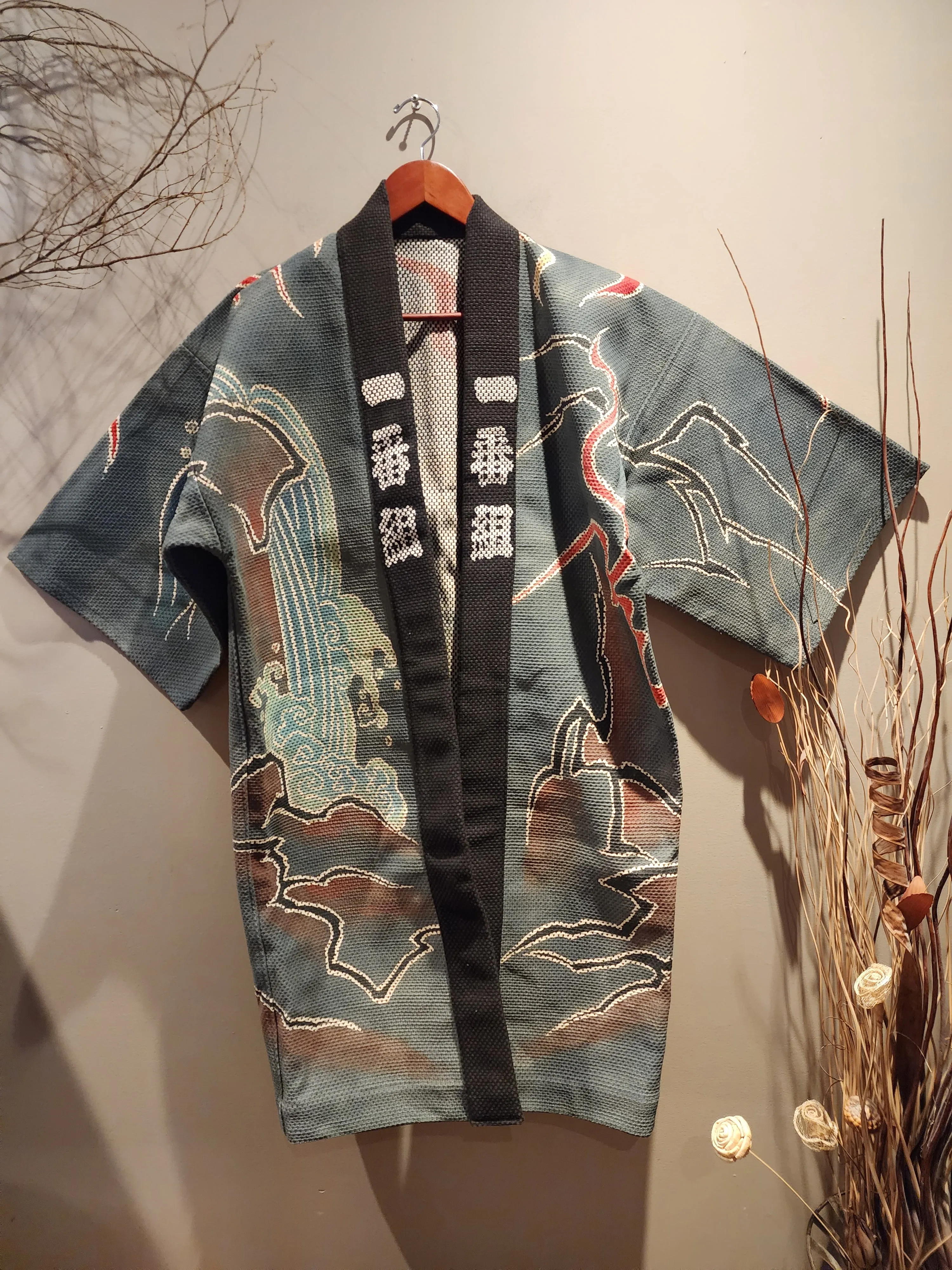 Showa Era Hikeshi Vintage Japanese Fireman Hanten XL with Buddha Sword Design