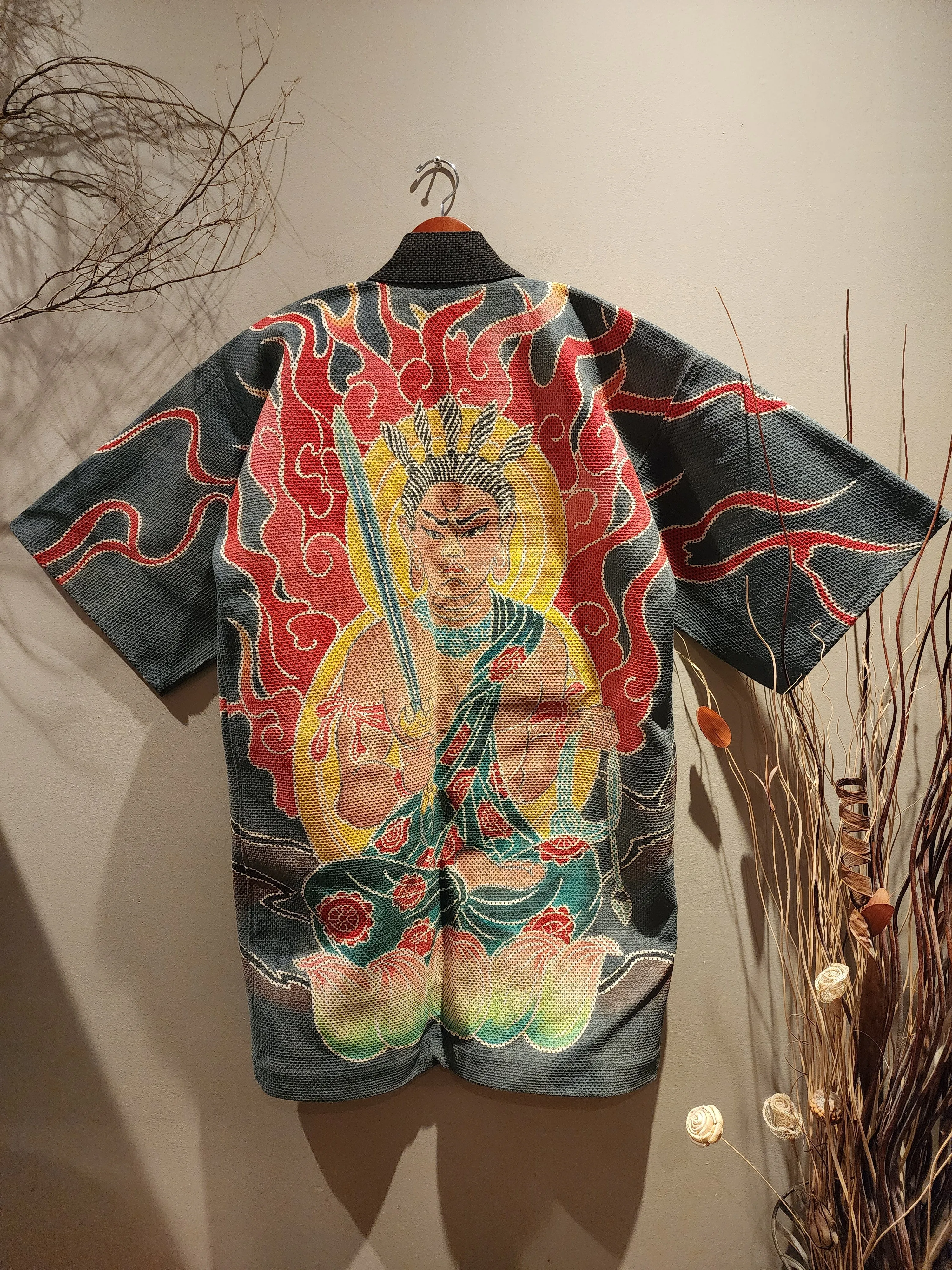 Showa Era Hikeshi Vintage Japanese Fireman Hanten XL with Buddha Sword Design