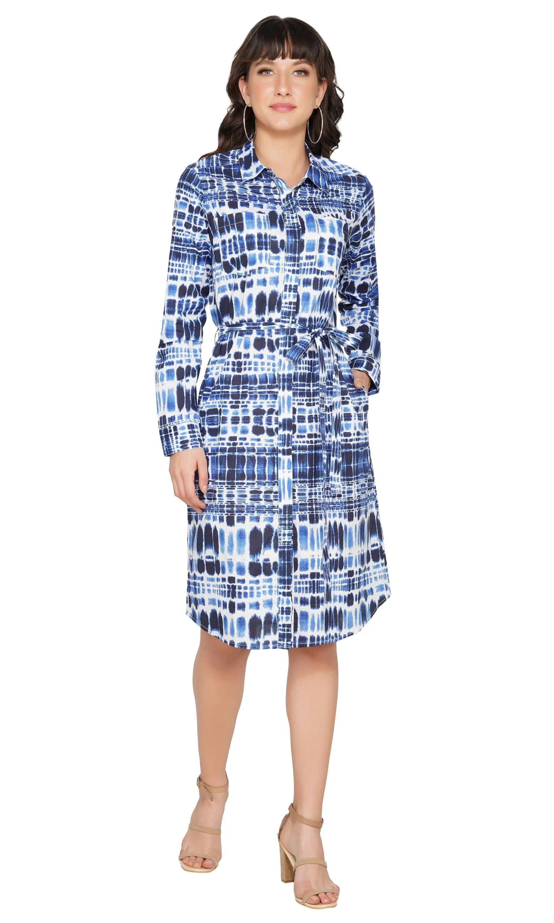 SLAY. Women's Blue Tie-Dye Print Shirt Dress With Roll Up Sleeves