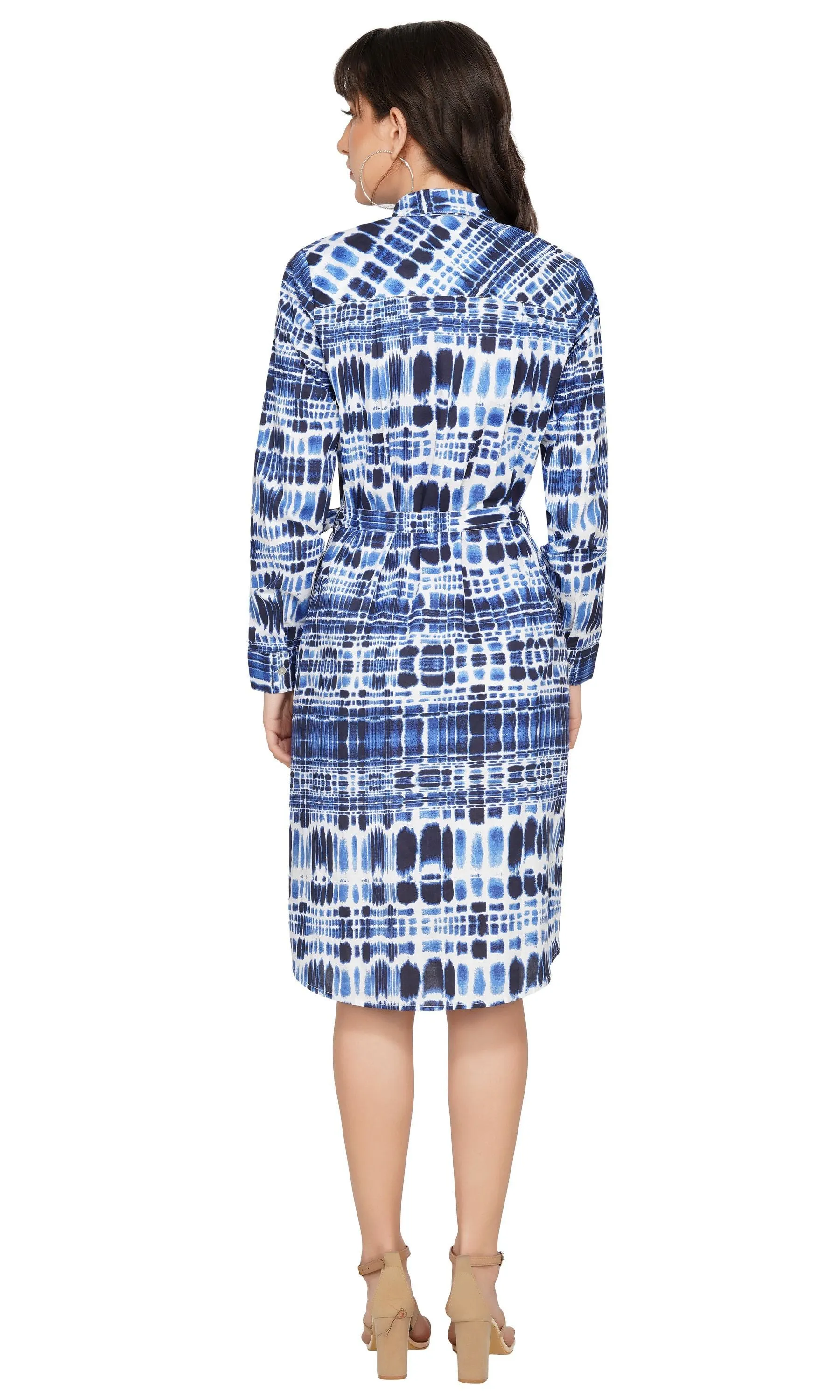SLAY. Women's Blue Tie-Dye Print Shirt Dress With Roll Up Sleeves