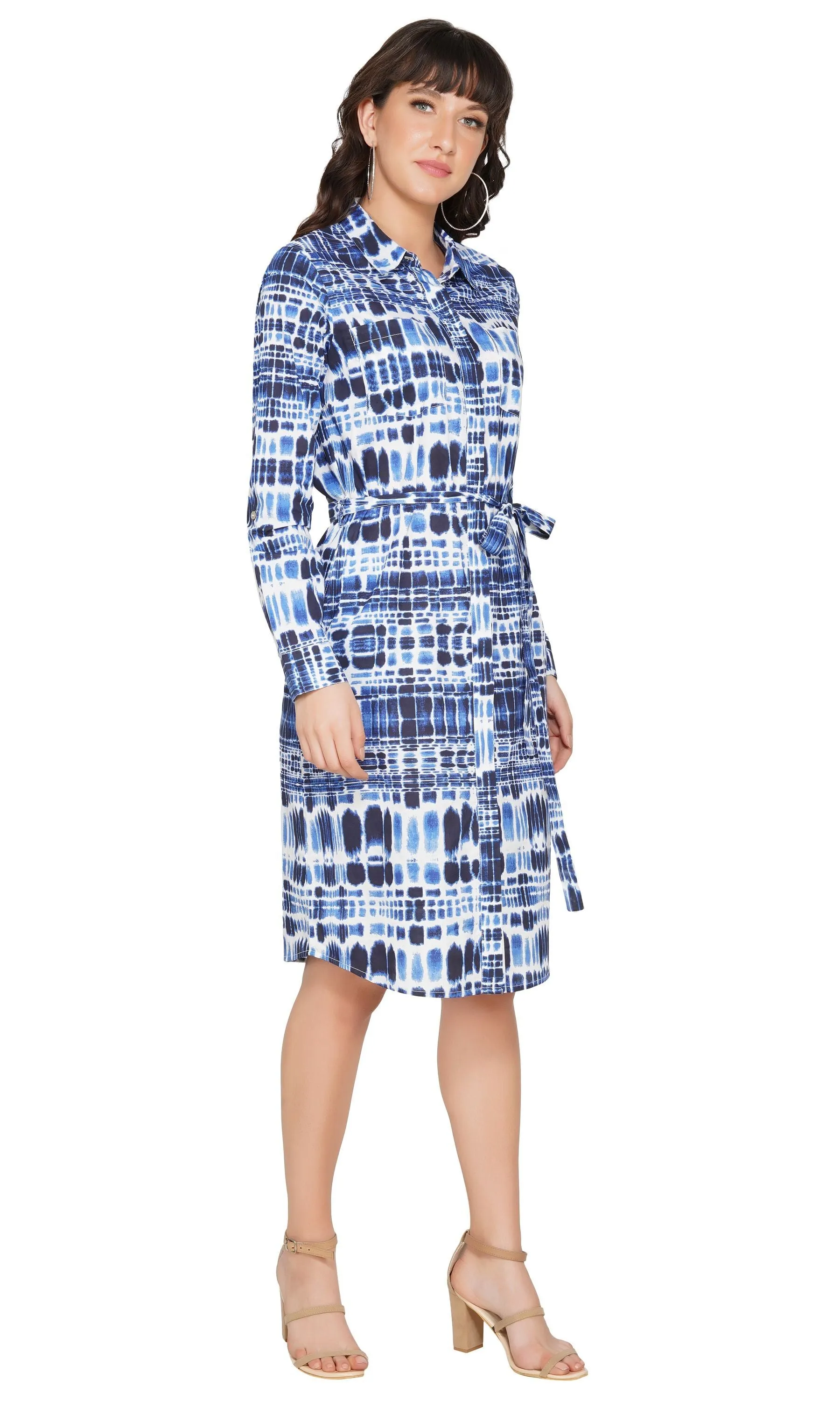 SLAY. Women's Blue Tie-Dye Print Shirt Dress With Roll Up Sleeves
