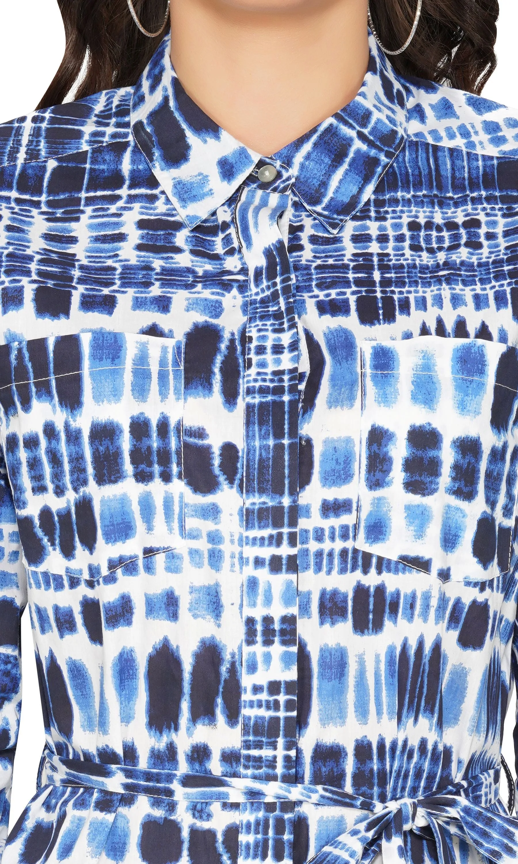 SLAY. Women's Blue Tie-Dye Print Shirt Dress With Roll Up Sleeves