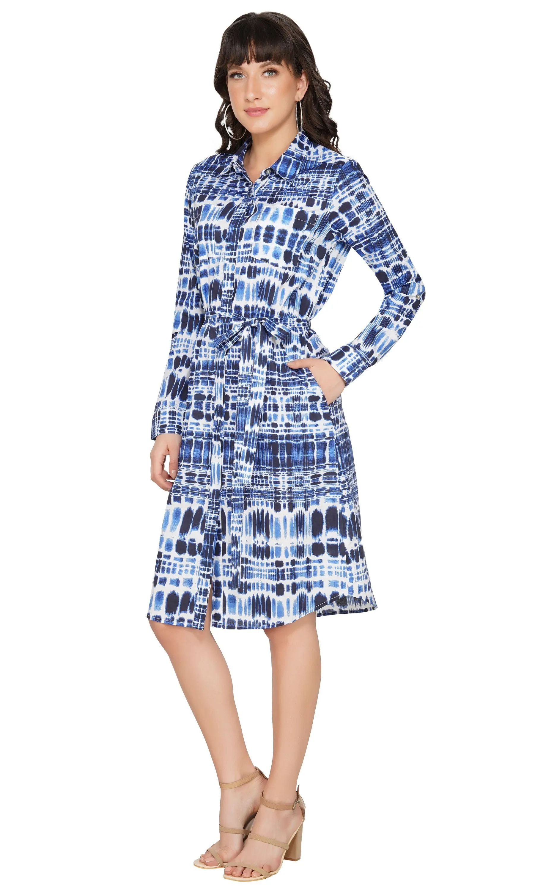 SLAY. Women's Blue Tie-Dye Print Shirt Dress With Roll Up Sleeves
