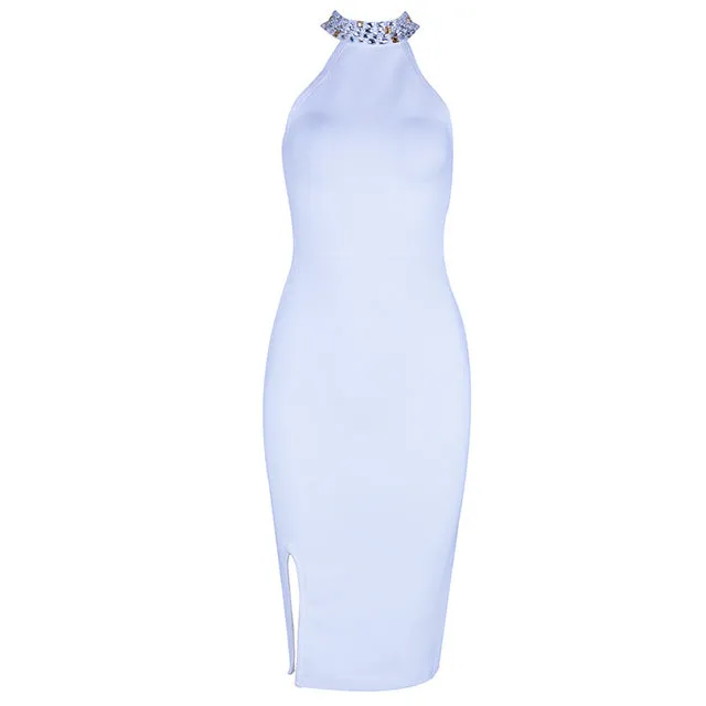 Sleeveless Split Halter Diamonds Black Dress