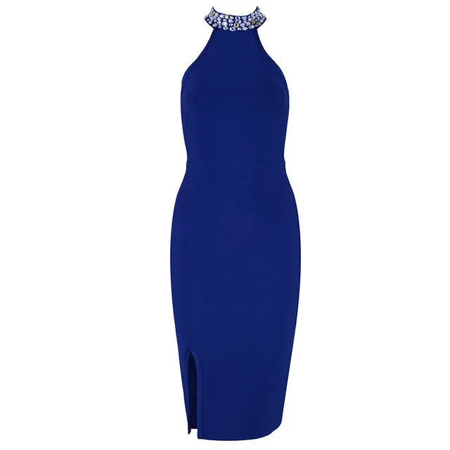 Sleeveless Split Halter Diamonds Black Dress